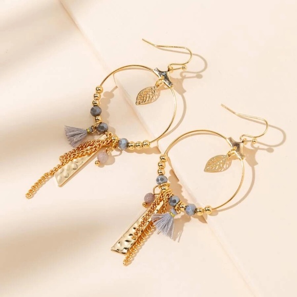 Gold Tone Tassel Bead Chain Earrings - Picture 5 of 8
